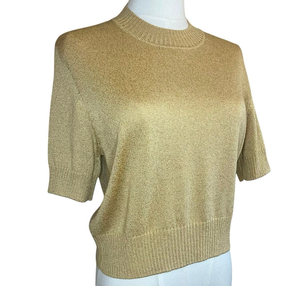 St John Basics Gold Metallic Knit Short Sleeve Blouse Womens Petite